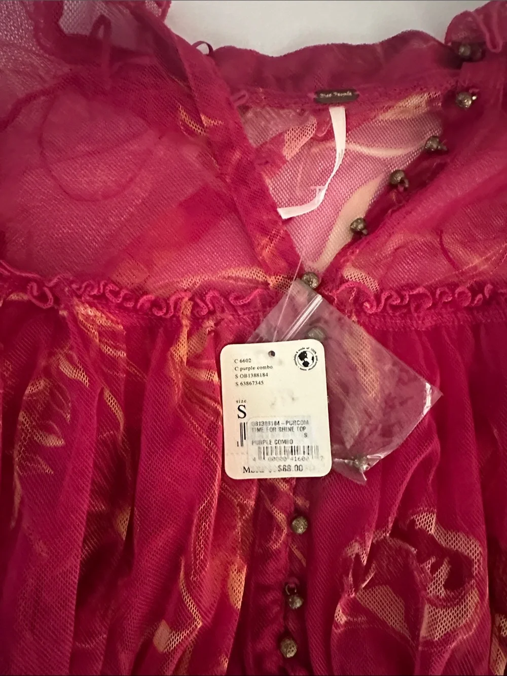 Free People Fuchsia Pink Sheer Ruffle Floral Blouse